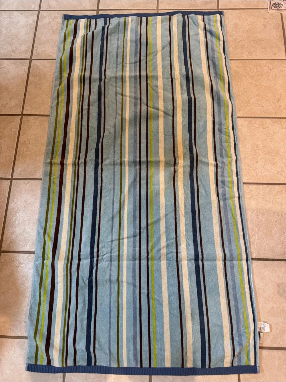 Towels Striped Blue Cotton Bath Towels with Green and Brown Accents Set of 2